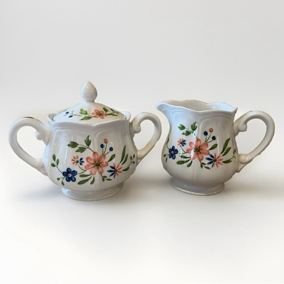 Vintage Retired Sears Country French Ironstone Sugar Bowl And Creamer Set Floral - Picture 4 of 15